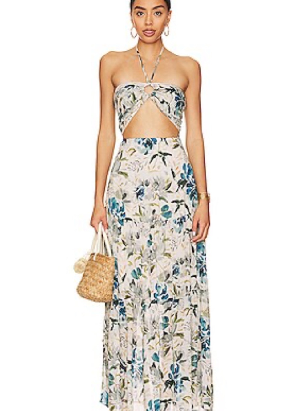 Strapless Floral Cutout Maxi Dress in Cream and Blue